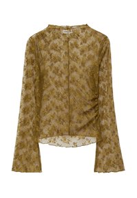 Durchsichtige langärmlige Spitzenbluse in Senfgelb mit Blumenmuster, Rundhalsausschnitt und leichtem Rüschen an einer Seite.