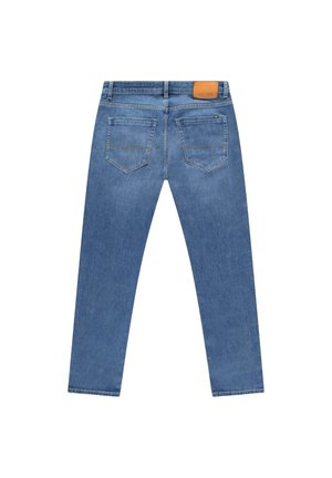 Lichtblauwe denim jeans met een slim-fit. Voorzien van kleine achterzakken en een bruin lederen label op de tailleband. Gladde textuur.