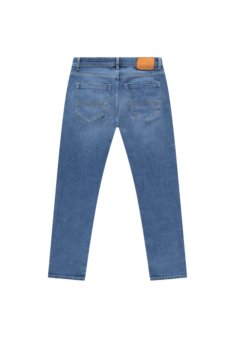 Lichtblauwe denim jeans met een slim-fit. Voorzien van kleine achterzakken en een bruin lederen label op de tailleband. Gladde textuur.