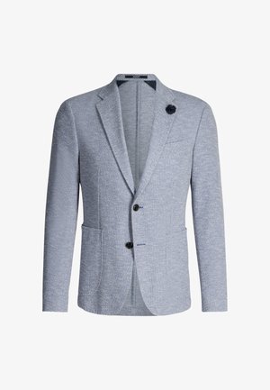 Blazer turchese chiaro intrecciato con motivo a texture, due tasche frontali, una spacco singolo e bottoni neri con accento floreale sul rever.