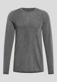 Long-sleeve shirt in dark gray, made of soft fabric. Features a crew neckline and raglan sleeves. Smooth texture without patterns or accents.