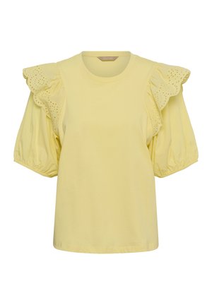 Dzeltena īsroku blūze ar apaļu izgriezumu, pumpainām piedurknēm un acs mežģīņu volānu detaļām uz pleciem.