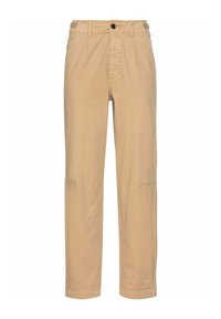 Pantalon beige à jambes droites avec bouton et fermeture éclair à l'avant, passants de ceinture, poches latérales et détails cousus aux genoux.