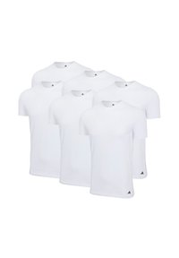 Six plain white T-shirts made of cotton, featuring a crew neck, short sleeves, and a small logo in the lower corner.