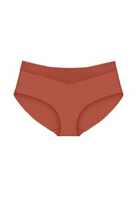Roestkleurige damesonderbroek met een gladde textuur, voorzien van een hoge taille ontwerp en een subtiele V-vormige voorkant detail.