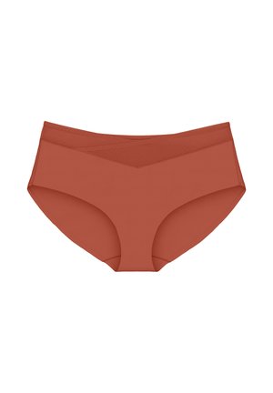 Roestkleurige damesonderbroek met een gladde textuur, voorzien van een hoge taille ontwerp en een subtiele V-vormige voorkant detail.