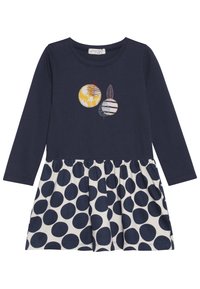 Námořnické šaty s dlouhým rukávem a bílou puntíkovanou sukní. Obsahují vyšívané kruhové vzory v žluté a modré barvě. Měkká tkanina z bavlněné směsi.