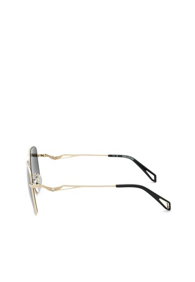 Lunettes de soleil fines à monture métallique dorée, verres foncés et embouts de branches en plastique noir, vues de profil sur fond blanc.