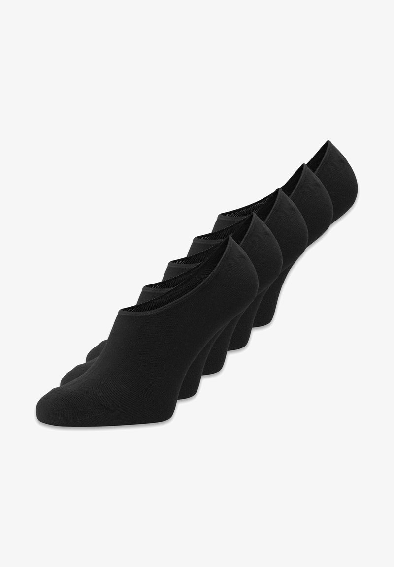 Black ankle socks, five pairs, made of cotton blend, featuring a low-cut design with ribbed openings and a smooth texture.