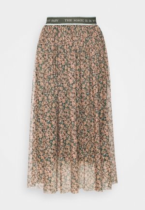 Midi-nederdel med lagdelt blomster tyl i pink og grøn, elastisk taljebånd i grøn med hvid tekst ""THE MAGIC IS IN YOU BABY.""