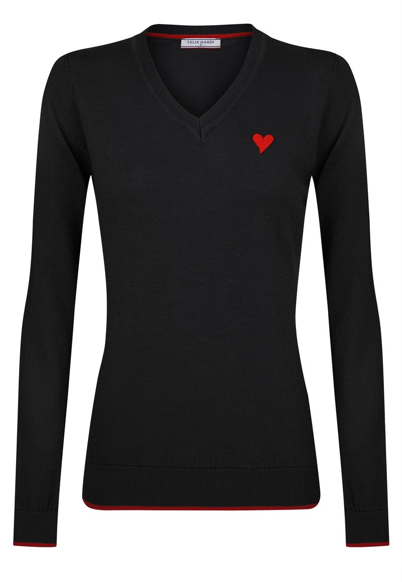 Schwarzer V-Ausschnitt-Pullover mit langen Ärmeln, verziert mit einer roten Herzstickerei und rotem Saum sowie roten Bündchen. Weicher, gestrickter Stoff.