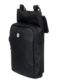 Borsa nera in nylon con superficie testurizzata, dotata di una tasca con zip frontale, due manici superiori e un piccolo logo. Forma rettangolare compatta.