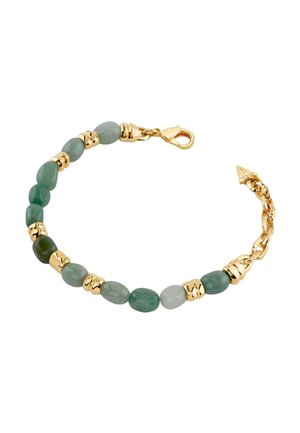 Gold chain bracelet with alternating green oval beads and gold spacers, featuring a lobster clasp and adjustable arrow-shaped end.
