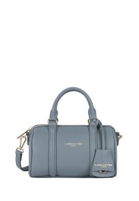 Borsa in pelle grigia con due manici corti e tracolla removibile. Accentature in metallo dorato e logo del marchio impresso. Superficie texturizzata.