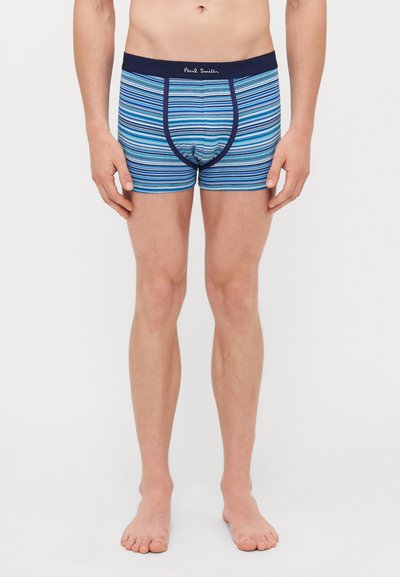 Boxer-briefs pour hommes avec des rayures horizontales bleues et vertes, en tissu doux, taille élastique avec le logo "Paul Smith", design ajusté.