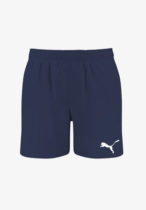 Shorts de sport bleu marine avec une taille élastique, une poche avant et un logo Puma blanc sur la jambe gauche. Tissu lisse et léger.