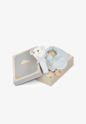 Meka dječja dekica s glavom sretnog medvjedića, tkaninom na pruge i drvenim kopčom za grickanje, predstavljena u bež kutiji za poklon s poklopcem na pruge.