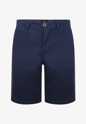 Marineblauwe shorts van een katoenen mix, met een sluiting aan de voorkant met een knoop, een zachte textuur en een rechte snit zonder zichtbare patronen.