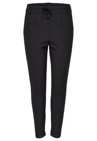 Zwarte broek met een pinstriped patroon en een relaxed fit, elastische tailleband, trekkoordsluiting en twee voorkuiten. De stof is soepel.