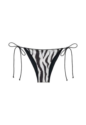 Sort-hvid zebrastribet bikinibund med justerbare bindebånd i siderne, vist mod en hvid baggrund.