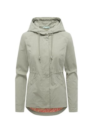 Giacca con cappuccio da donna grigio chiaro con bottoni frontali, cappuccio con coulisse, tasche inclinate e fodera interna floreale visibile all'orlo.