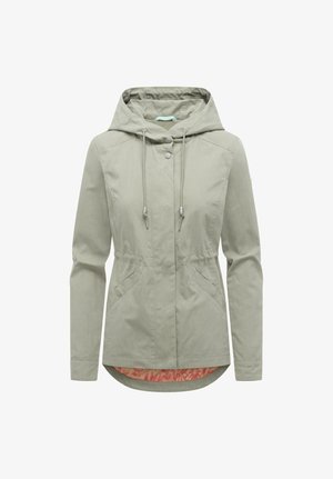 Lichtgrijze damesjas met capuchon, knopen aan de voorkant, trekkoord in de capuchon, schuine zakken en een bloemenprint binnenvoering die zichtbaar is bij de zoom.