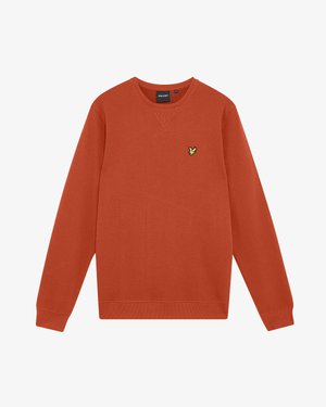 Brent oransje genser, bomullsblanding, rund hals, ribbekant på ermer og kant, teksturert stoff, med en liten gul brodert logo på brystet.