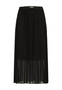 Sort plisseret nederdel med et gennemsigtigt overlay, dekoreret med små, sølvfarvede prikker. Elastisk talje, gulvlængde design med en blød tekstur.
