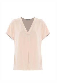 Blusa rosa pallido a maniche corte con scollatura a V profonda, realizzata in tessuto liscio. Presenta sottili spacco laterale e un piccolo logo sull'orlo.