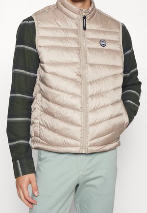 Gilet smanicato trapuntato beige con cerniera frontale indossato sopra una camicia a maniche lunghe a righe verdi e pantaloni grigio chiaro, mani in tasca.