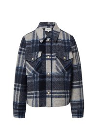 Wollen gemengde geruite jacket in navy, grijs en wit. Heeft twee borstzakken, zilveren knopen en een kraag. Boxy ontwerp met lange mouwen.