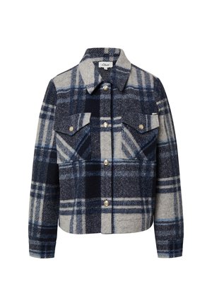Wool blend plaid jacket in navy, gray, and white. Features two chest pockets, silver buttons, and a collar. Boxy design with long sleeves.