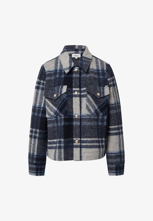 Chaqueta de mezcla de lana con cuadros en tonos marino, gris y blanco. Cuenta con dos bolsillos en el pecho, botones plateados y un cuello. Diseño cuadrado con mangas largas.