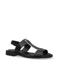 Schwarze Sandale mit offener Zehe und Slingback-Design. Verfügt über breite Riemen, kontrastierende strukturierte Akzente und eine flache Sohle. Glatte Oberfläche.