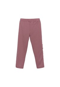 Mauve stretchleggings med ett elastiskt midjeband, med en mjuk textur och dekorativa knappar längs utsidan av underbenen.