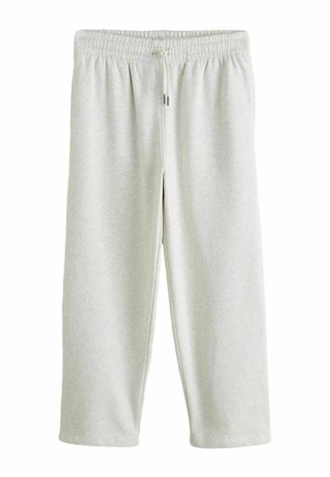 Svetlosivé tepláky s elastickým pásom a nastaviteľným šnúrkou, rovný strih nohavíc, vyrobené z mäkkého materiálu.