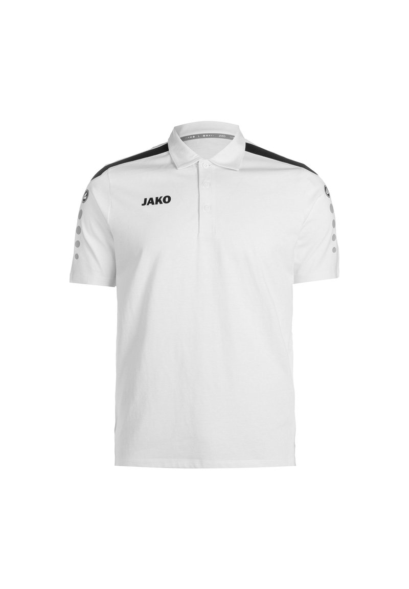 Weiße Polohemd aus Baumwolle, mit Kragen, kurzen Ärmeln, schwarzen Akzenten an den Schultern und grauen kreisförmigen Details an den Ärmeln.