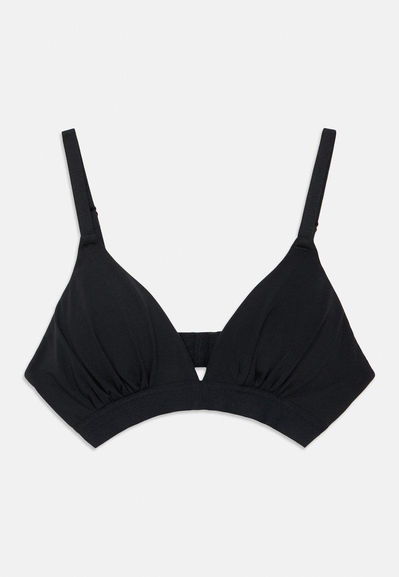 Μαύρο ασύρματο τριγωνικό σουτιέν με ρυθμιζόμενες λεπτές τιράντες και ελαστική ταινία κάτω, σε λευκό φόντο.