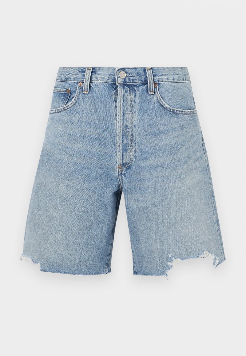 Light blue denim shorts with a high waist, featuring a frayed hem, two front pockets, and a classic five-pocket design.