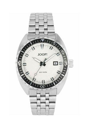 Silver metal wristwatch with white dial, black bezel, date display at 3 o'clock, and JOOP! branding; water resistant 100m.