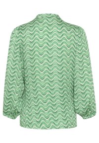 Blusa a righe verdi e bianche con maniche lunghe a palloncino e scollatura rotonda, mostrata di spalle.
