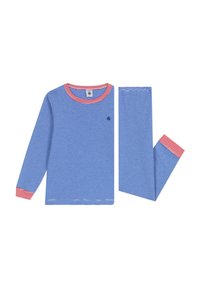Top a maniche lunghe a righe blu e bianche con dettagli rosa sul colletto e sui polsini, abbinato a pantaloni a righe blu e bianche che completano il look.