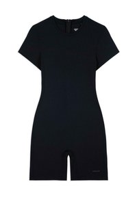 Body negro de manga corta hecho de tejido elástico, con escote redondo y cierre de cremallera en la parte posterior. Con piernas de longitud corta.