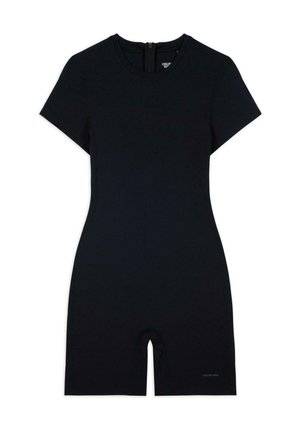 Body nero a maniche corte realizzato in tessuto elasticizzato, con scollatura rotonda e chiusura con zip sul retro. Fittato con gambe lunghe fino ai pantaloni shorts.