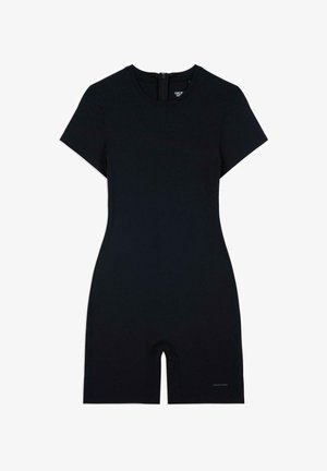 Bodysuit noir à manches courtes en tissu extensible, avec un col rond et une fermeture éclair au dos. Fitté avec des jambes de longueur short.