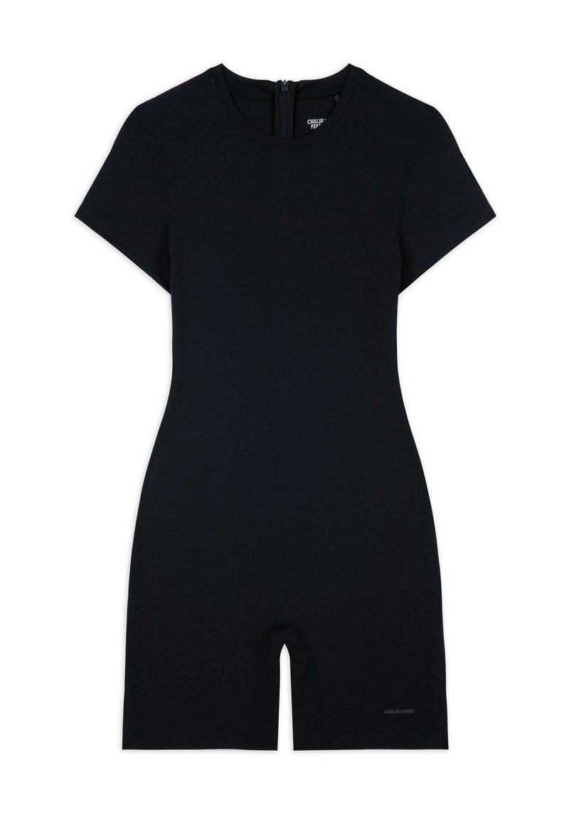 Body negro de manga corta hecho de tejido elástico, con escote redondo y cierre de cremallera en la parte posterior. Con piernas de longitud corta.