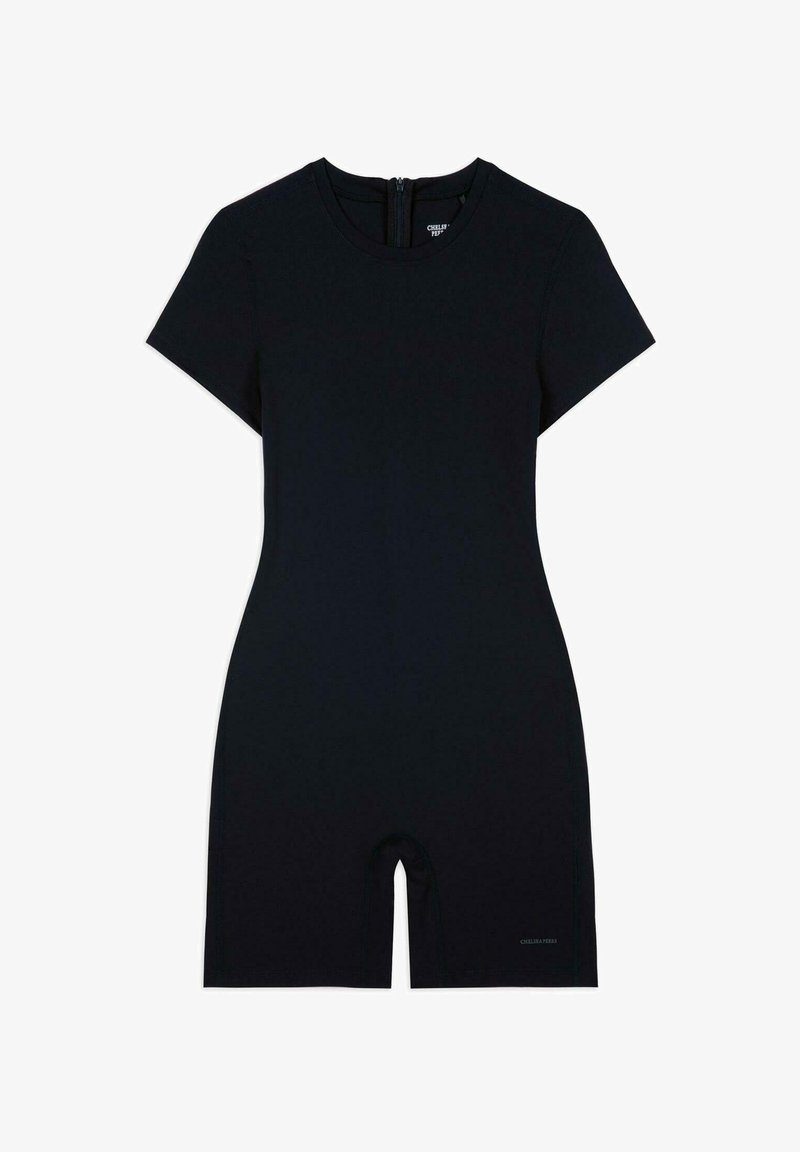 Body negro de manga corta hecho de tejido elástico, con escote redondo y cierre de cremallera en la parte posterior. Con piernas de longitud corta.