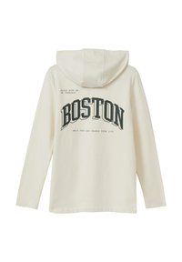 Felpa con cappuccio di colore crema chiaro, caratterizzata da una grande stampa verde scuro "BOSTON" sul retro. Presenta maniche lunghe e un cappuccio regolabile con cordini. Tessuto morbido.