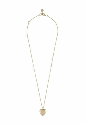 Zarte goldene Halskette mit einem glatten, polierten herzförmigen Anhänger und einem kleinen runden Anhänger nahe dem Karabinerverschluss.