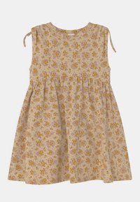 Beżowa sukienka w kwiaty z krótkimi rękawami, marszczonym pasem, fioletowymi i żółtymi kwiatami oraz regulowanymi sznurkami na ramionach. Wykonana z miękkiej bawełny.